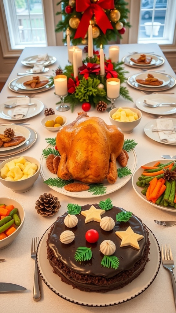 Gluten-Free Christmas Dinner Ideas A festive Christmas dinner table with roasted turkey, mashed potatoes, seasonal vegetables, and chocolate cake.